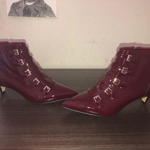 NWB Dark Red Patent Leather Strap Boots Heels sz 7